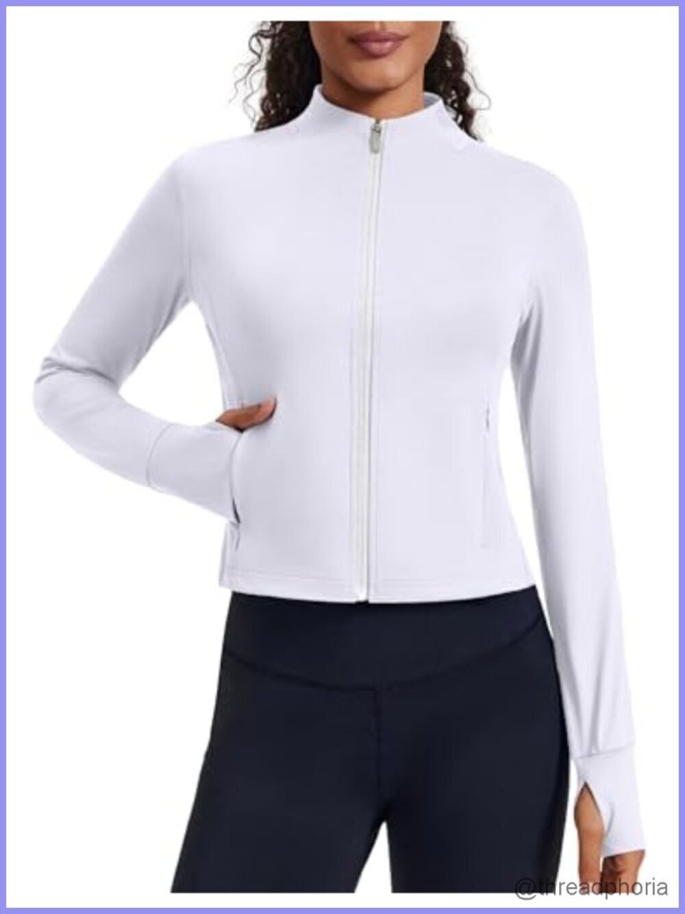 Women's Cropped Full Zip Workout Jacket Slim Fit Thumb Holes Zipper Pockets